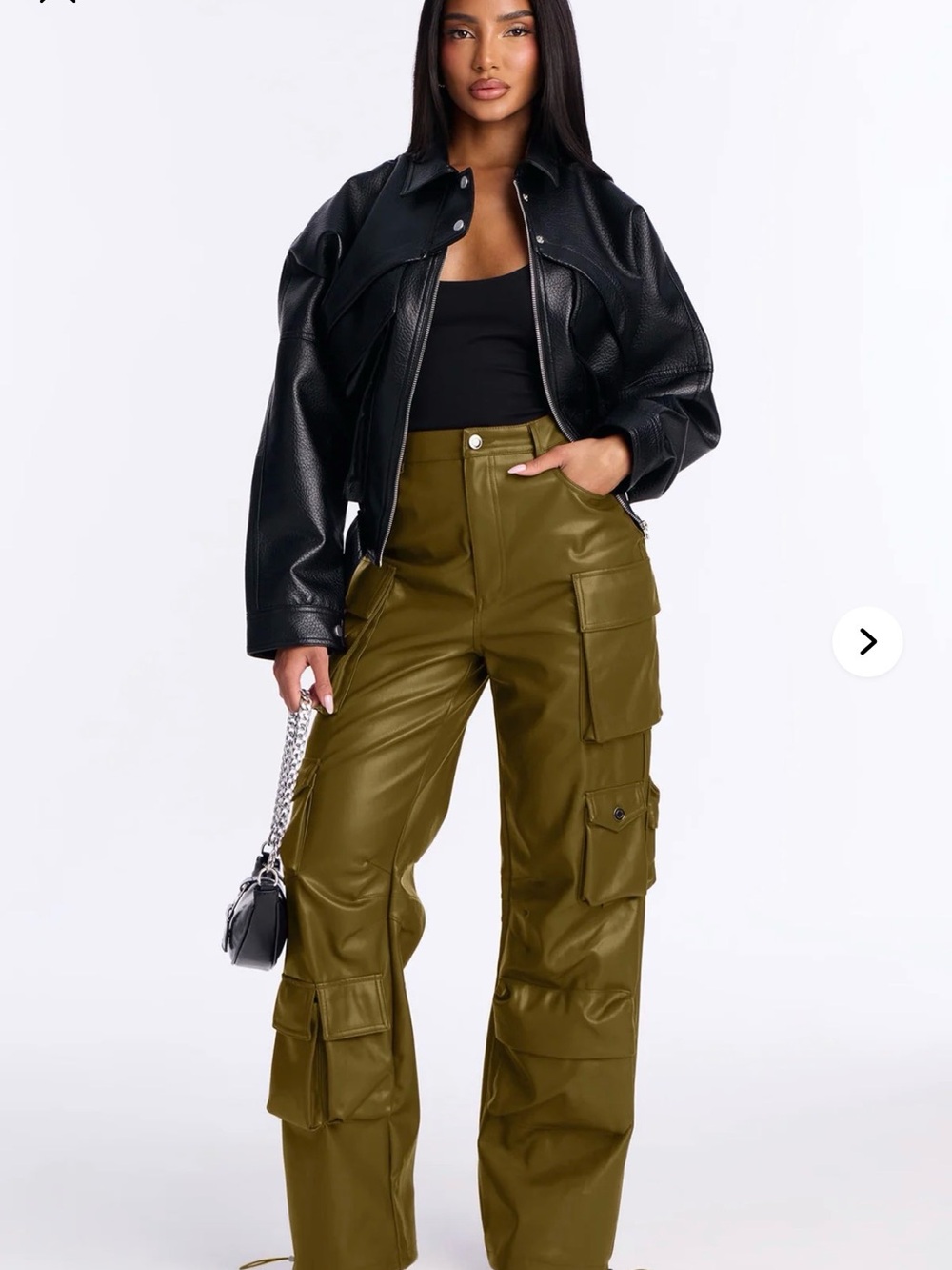 Women’s Faux Leather Cargo Utility Pants - Olive Green